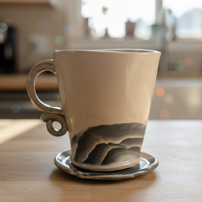 Ceramic mug with marbled design on a matching coaster against a light gray background